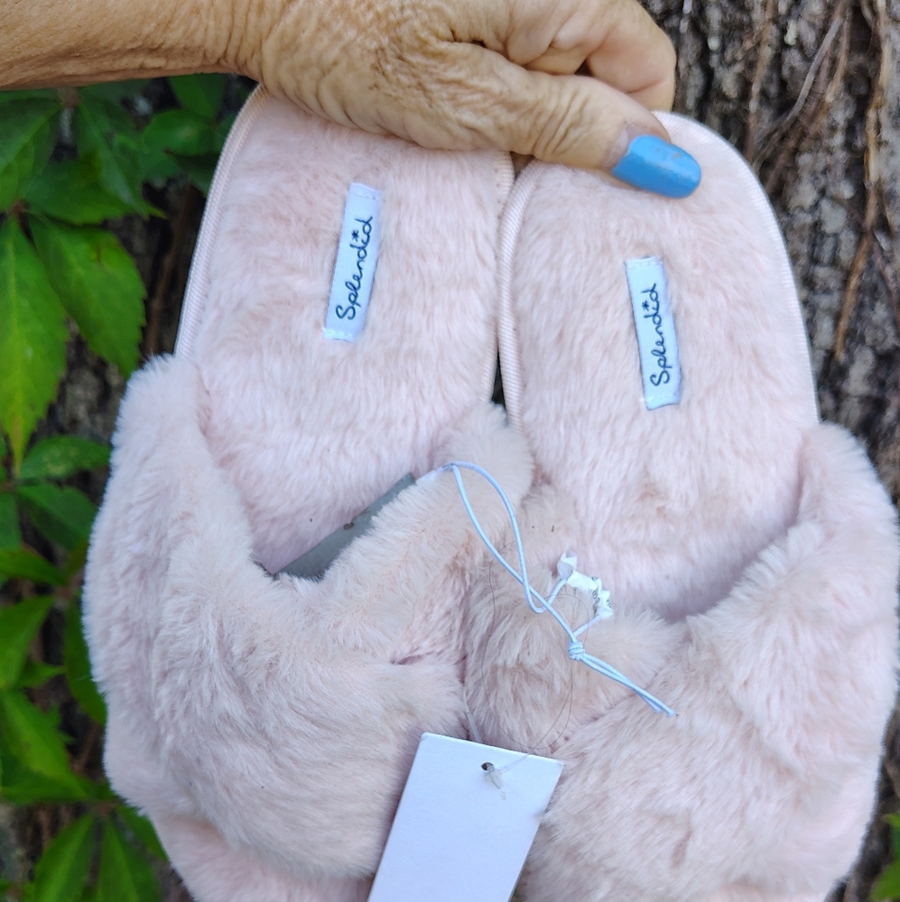 ANTHROPOLOGIE SPLENDID SZ S/M FAUX FUR CRISS CROSS HARD BOTTOM SLIPPERS NWT $48